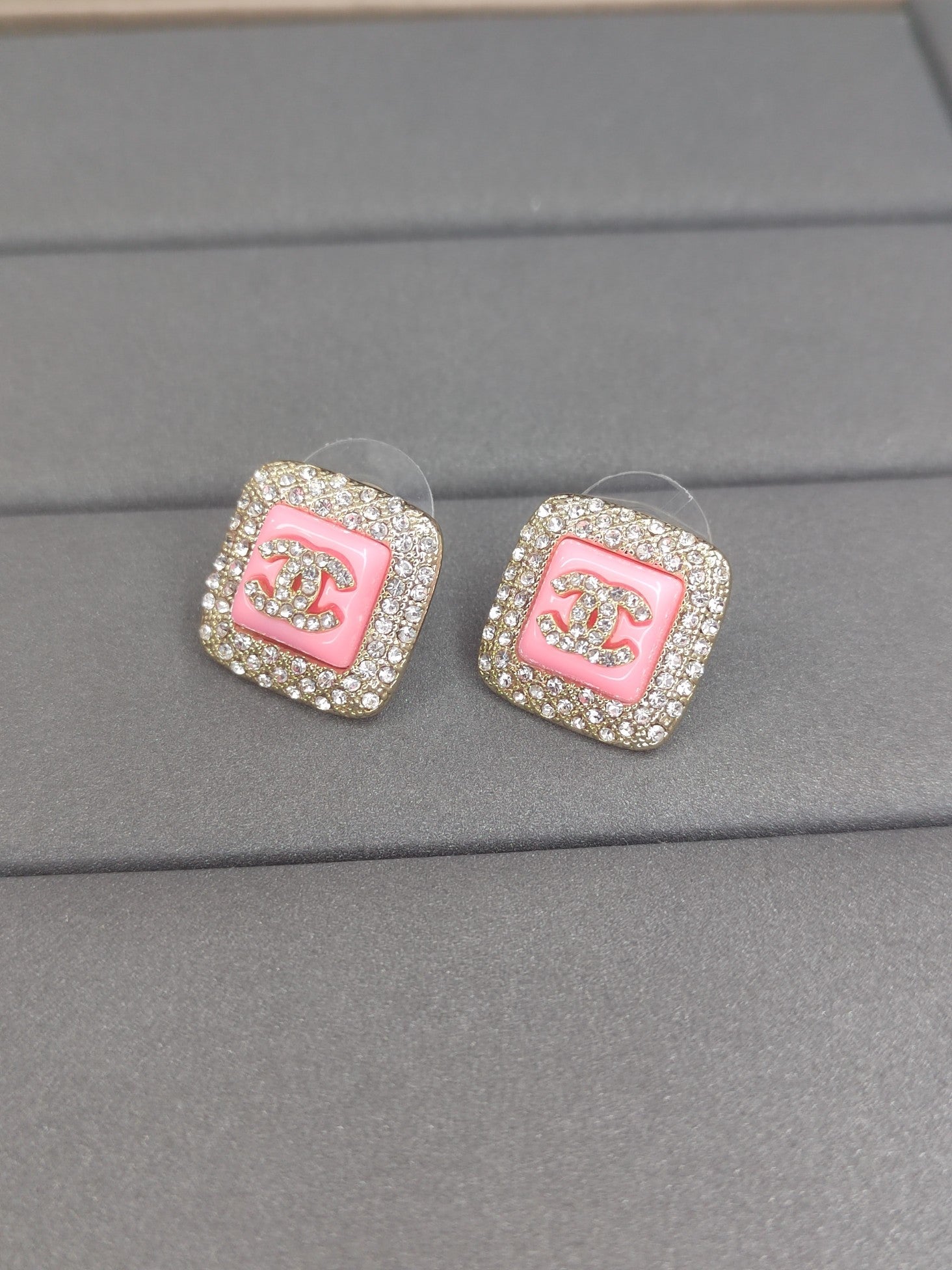 18K Chanel Diamond Square Pink Earrings