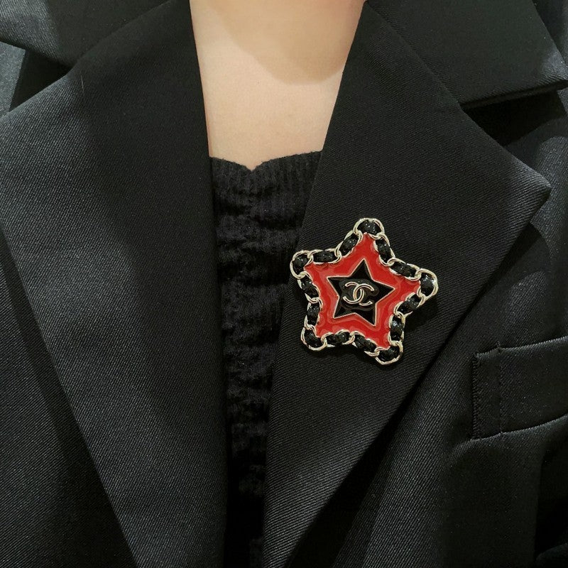 18K Chanel Black & Red Star Leather Brooch