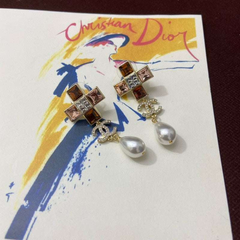 18K Chanel Red Cross Pearl Pendant Earrings