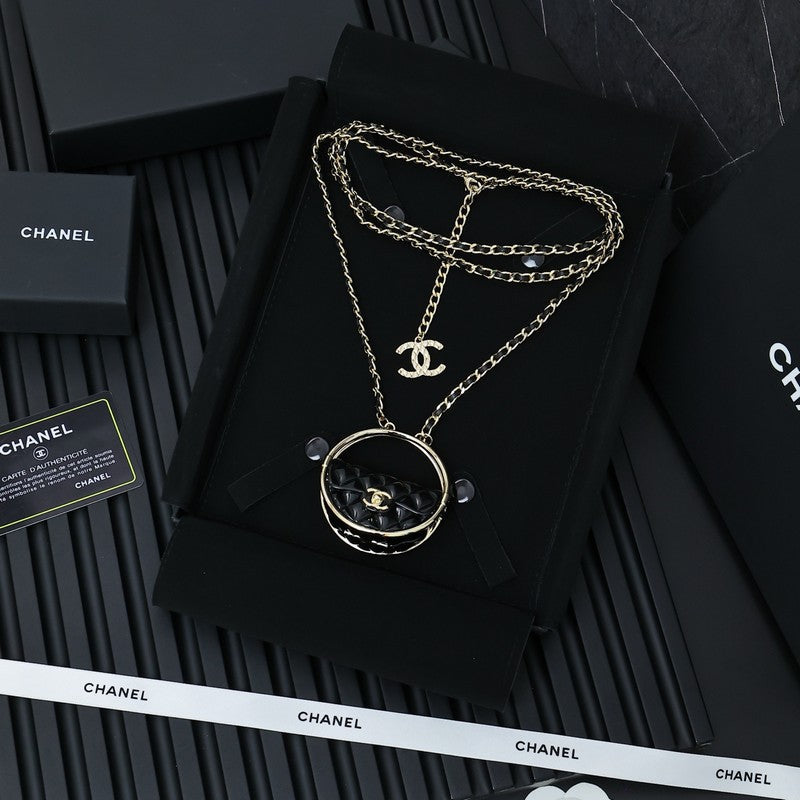 18K Chanel Black Bag Long Leather Necklace