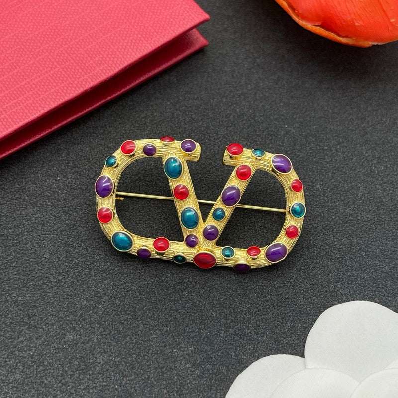 18K Valentino Vlogo Color Crystal Brooch