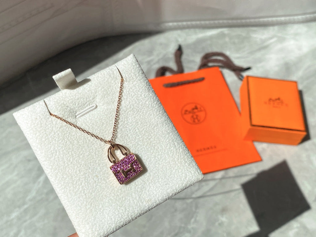 18K Hermes Amulettes Constance Pink Diamonds Pendant Necklace