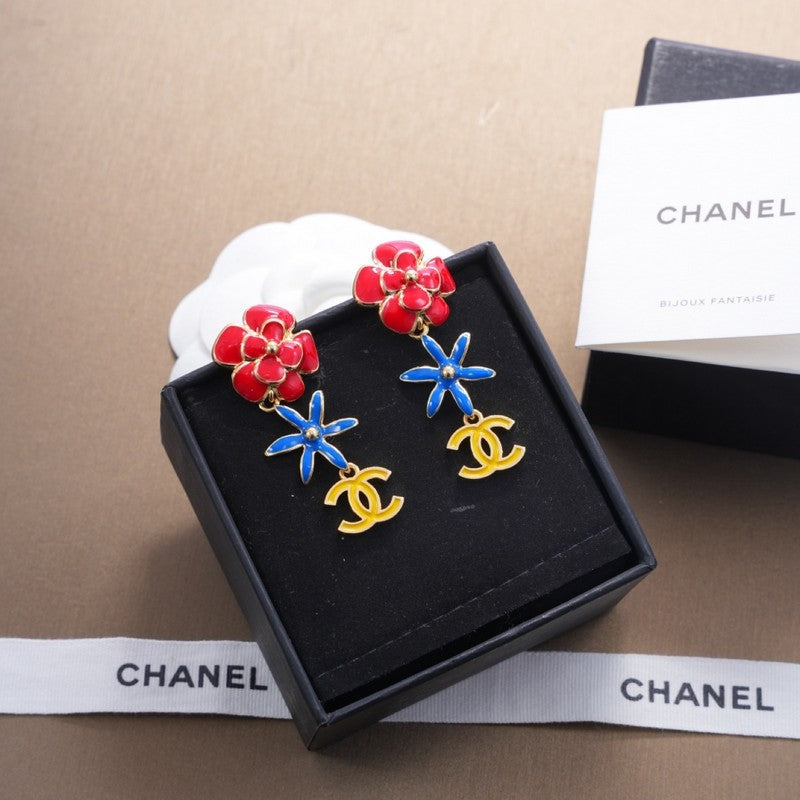 18K Chanel Blue & Red Flower Gold Earrings