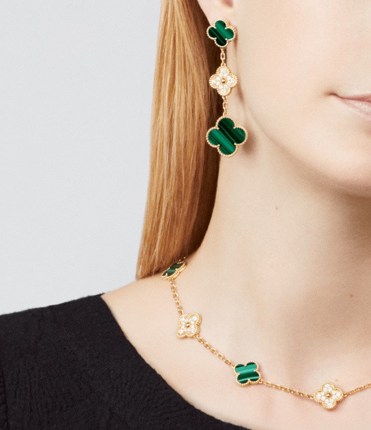 18K Van Cleef & Arpels Magic Alhambra Three Malachite Motifs Clover Earrings