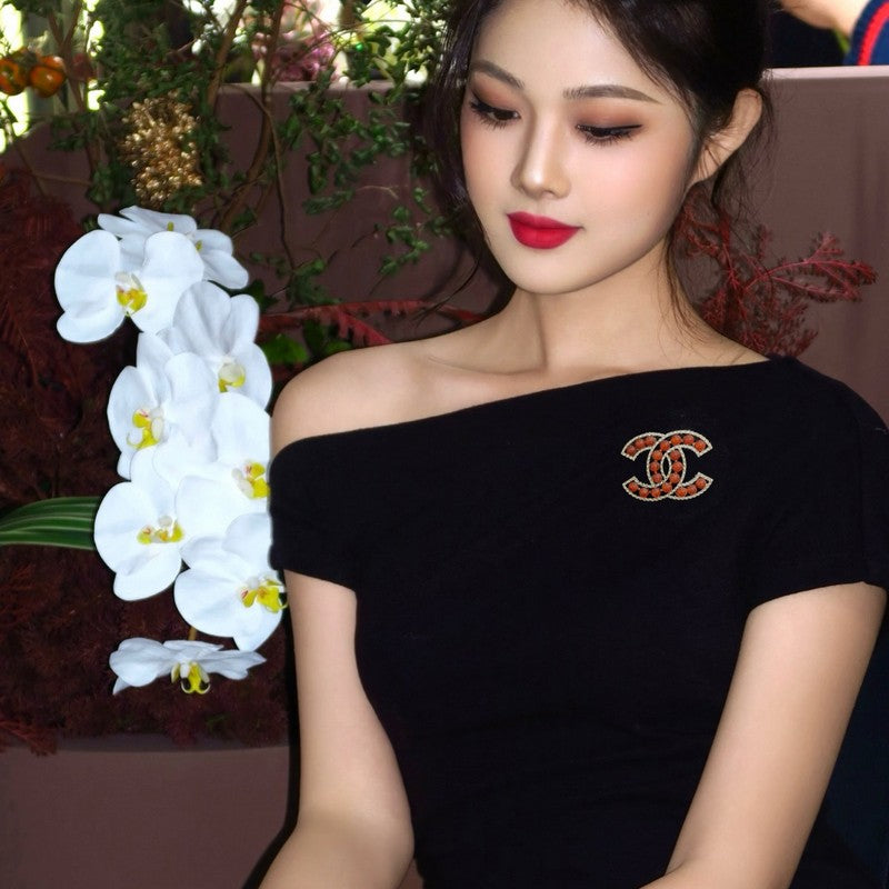 18K Chanel Red & Brown Pearl Gold Brooch