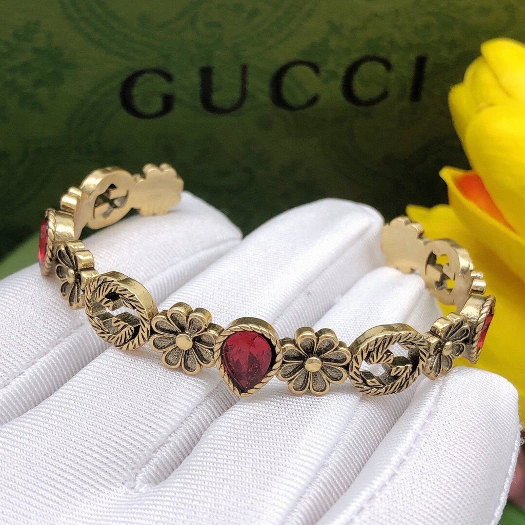 18K Gucci Flowers Red Crystals Open Cuff Bracelet