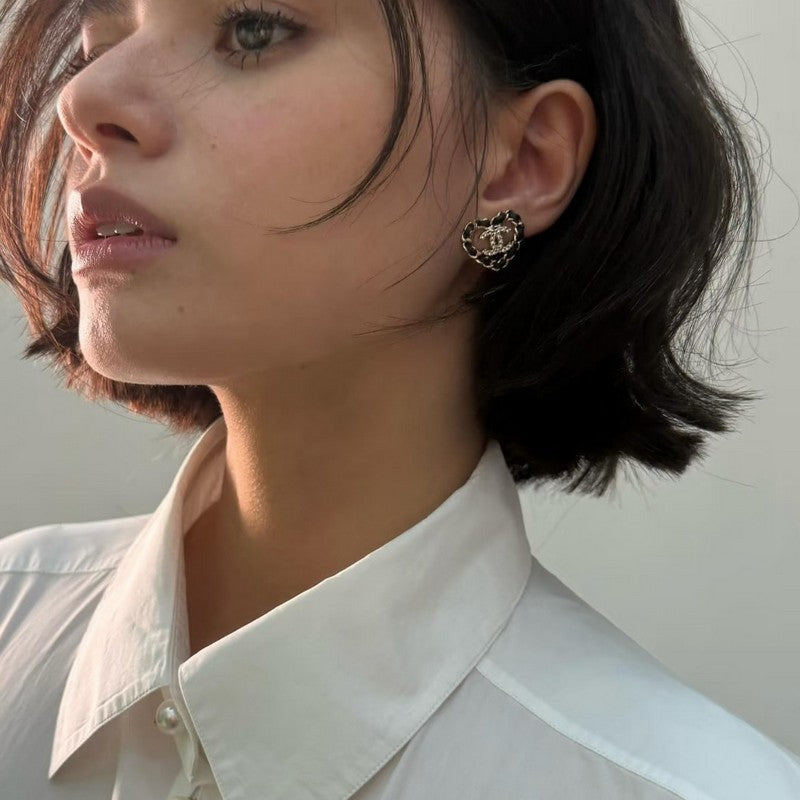18K Chanel Black Leather Heart Gold Earrings