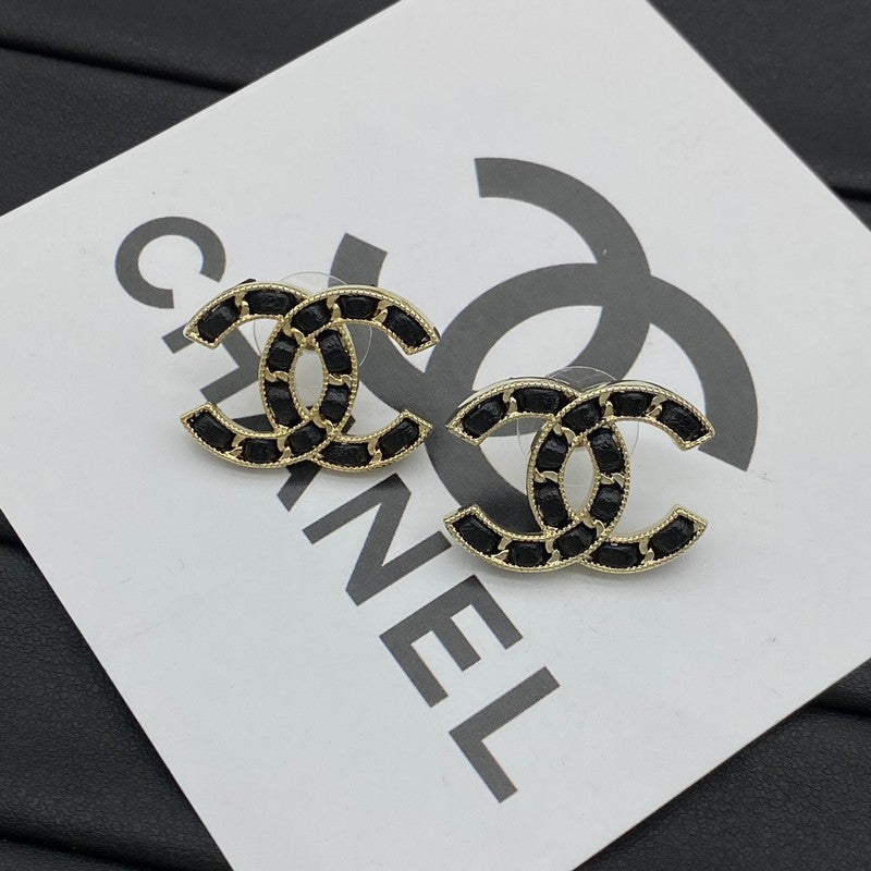 18K Chanel Black Leather Gold Earrings
