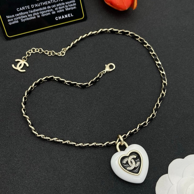 18K Chanel Black & White Heart Leather Necklace