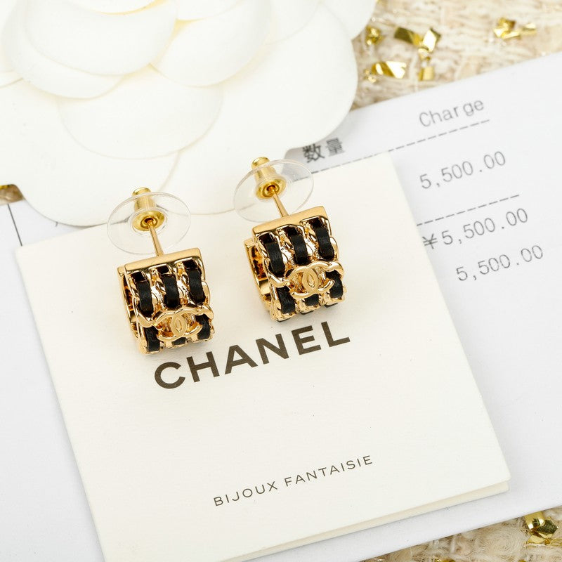 18K Chanel Half Circle Leather Gold Earrings
