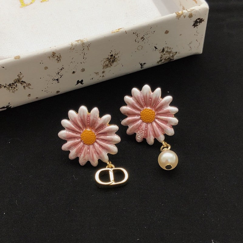 18K Dior Pink Sun Flower Pearl Earrings