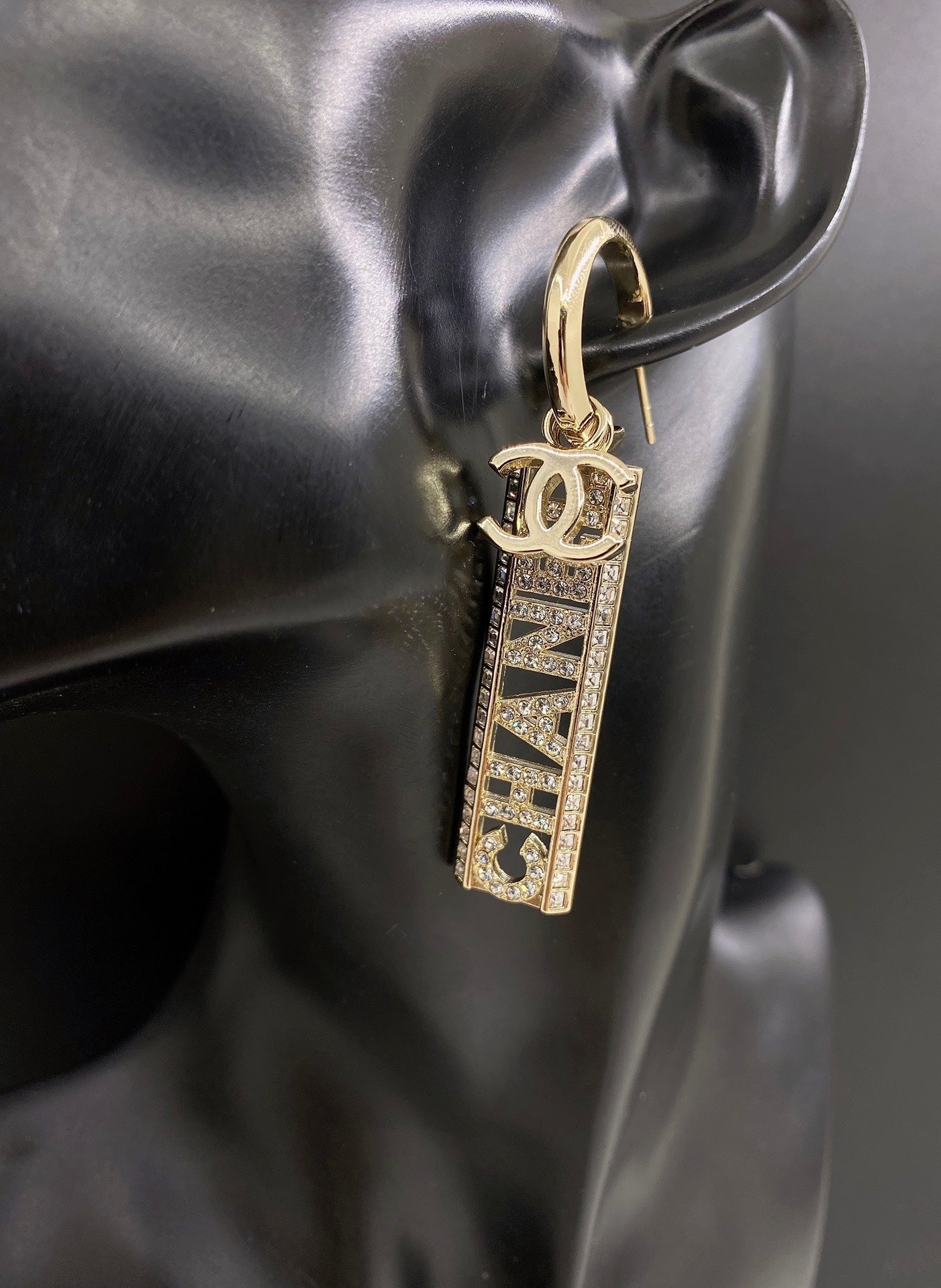 18K Chanel Crystals Long Letter Earrings