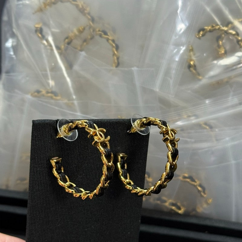 18K Chanel Black Leather Gold Earrings