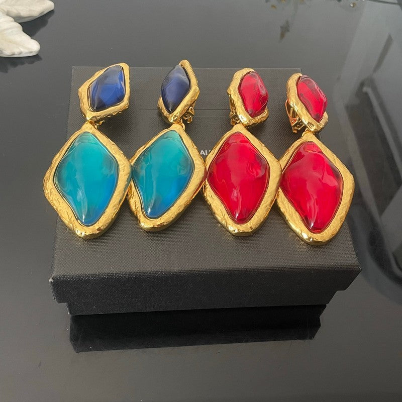 18K YSL Red & Blue Crystal Gold Earrings