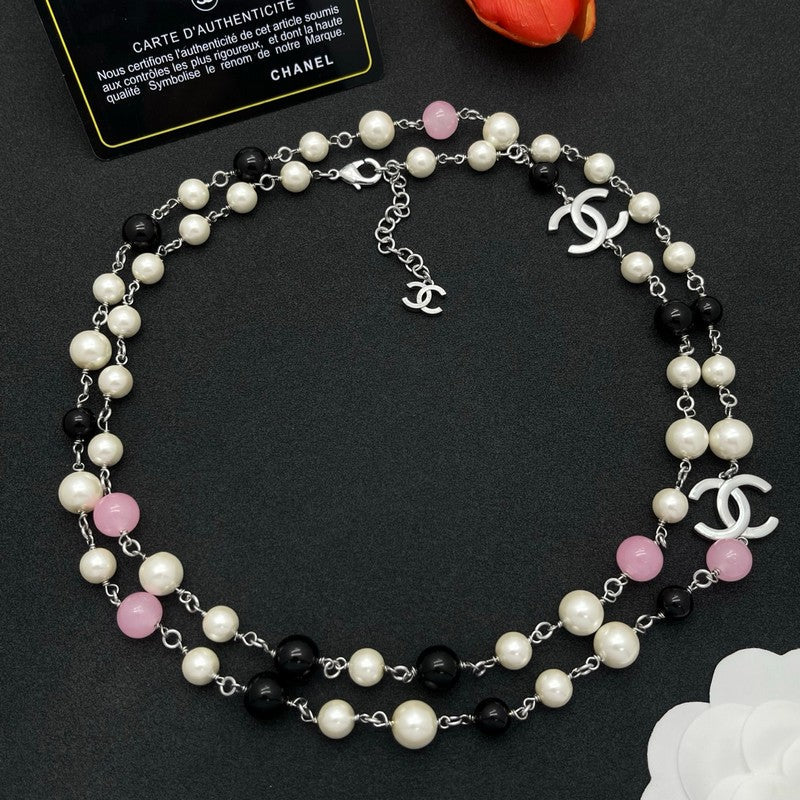 18K Chanel Black & Pink Bead Long Necklace