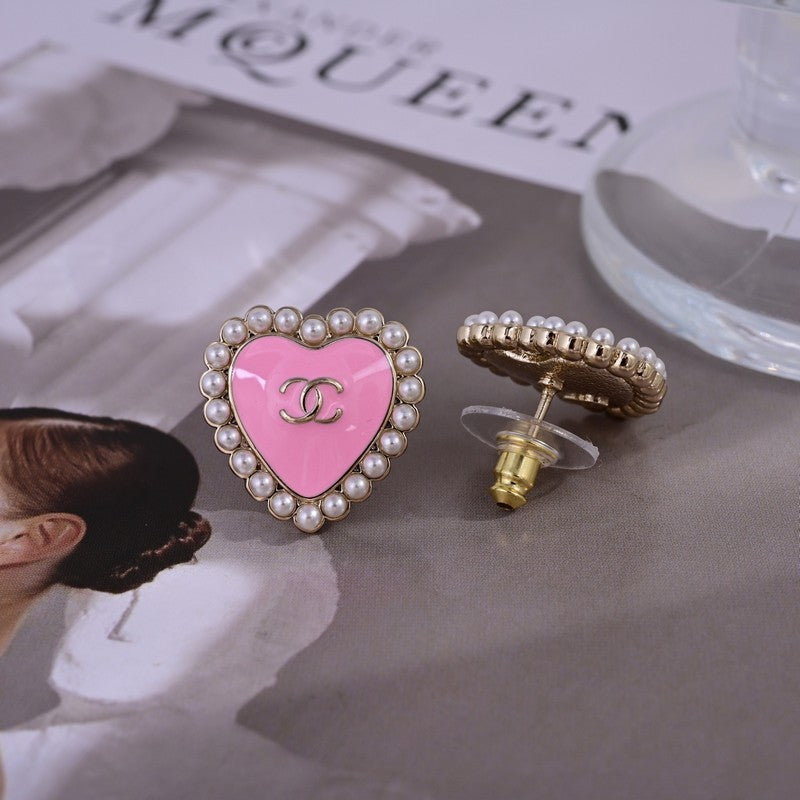 18K Chanel Pink Heart Pearl Earrings