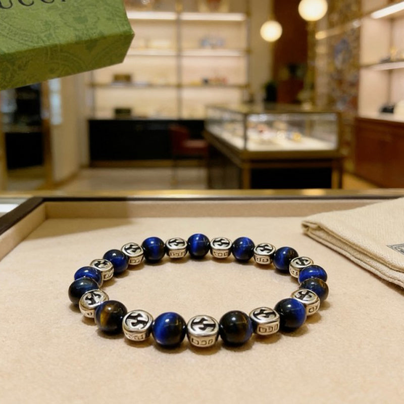 18K Gucci Anger Forest Blue Tiger's Eye Bead Chain Bracelet