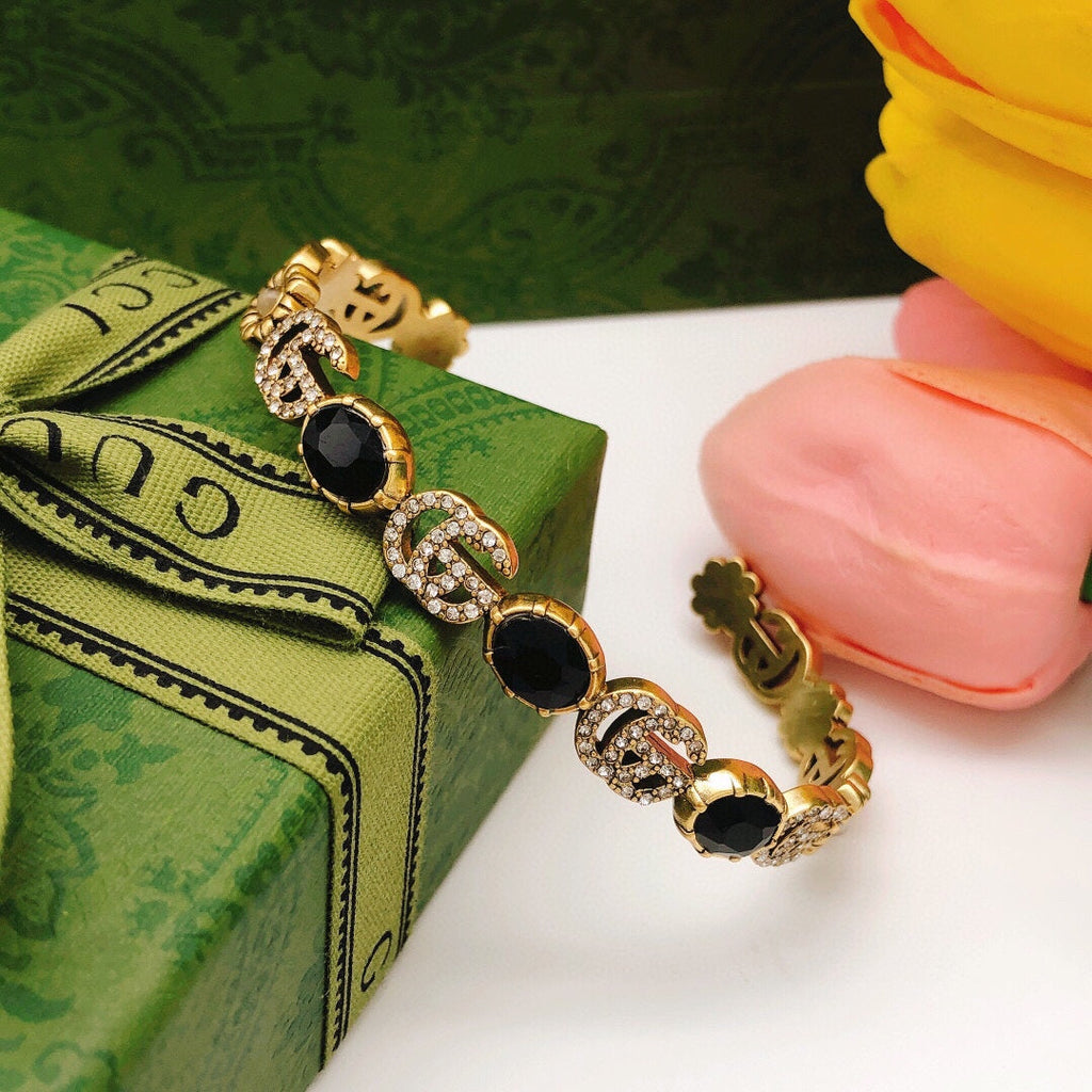 18K Gucci Flowers Black Crystals Open Cuff Bracelet