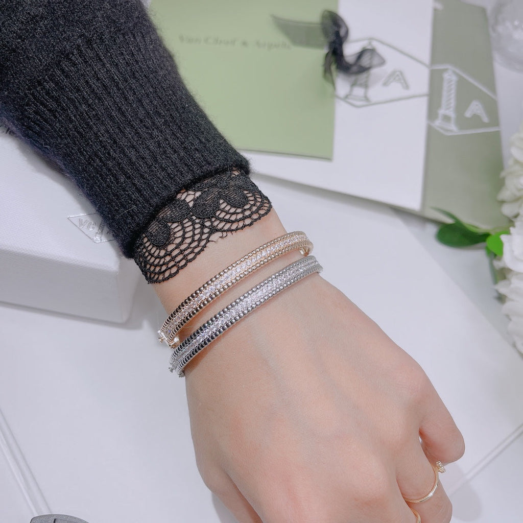 18K Van Cleef & Arpels White Gold Perlee Diamonds One Row Bracelet