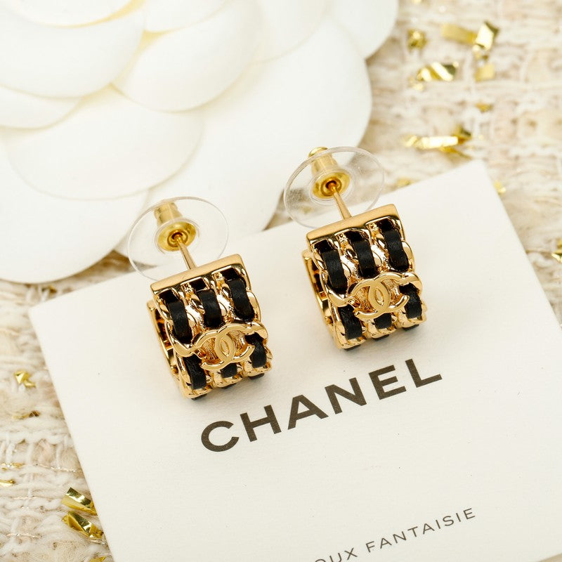 18K Chanel Half Circle Leather Gold Earrings