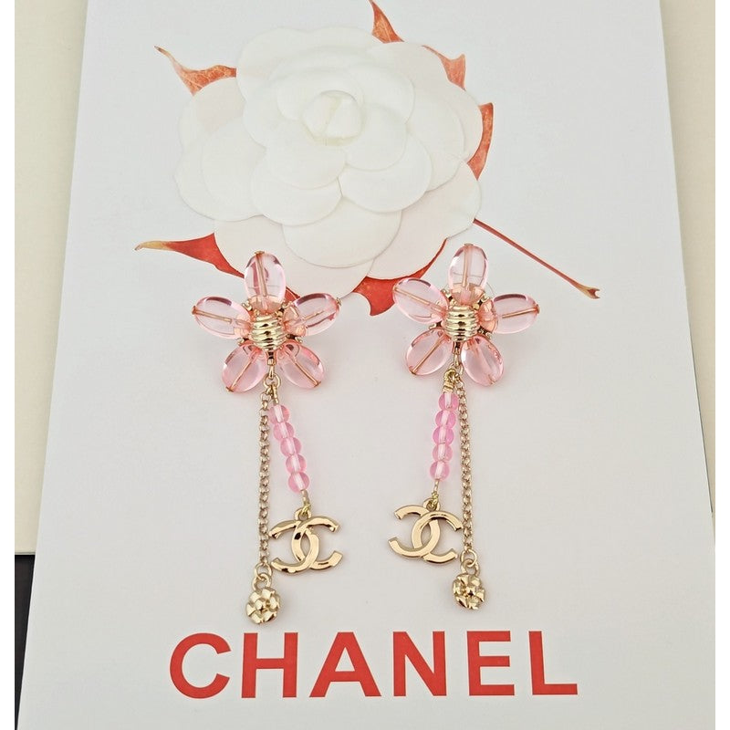 18K Chanel Pink Crystal Flower Gold Earrings