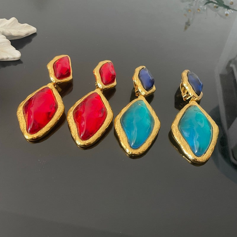 18K YSL Red & Blue Crystal Gold Earrings