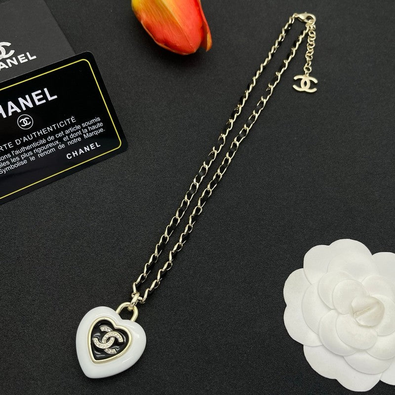 18K Chanel Black & White Heart Leather Necklace