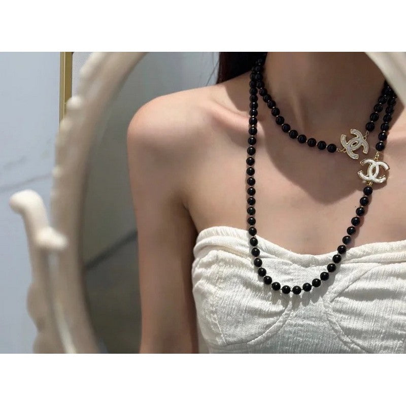 18K Chanel 23A Black Bead Long Necklace