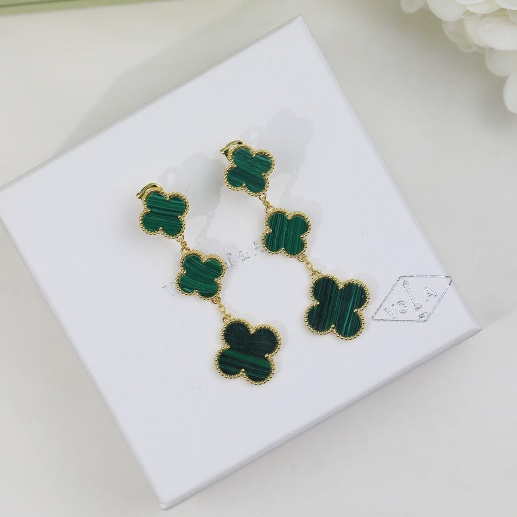 18K Van Cleef & Arpels Magic Alhambra Three Malachite Motifs Clover Earrings