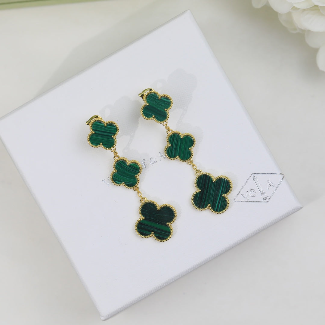 18K Van Cleef & Arpels Magic Alhambra Three Malachite Motifs Clover Earrings