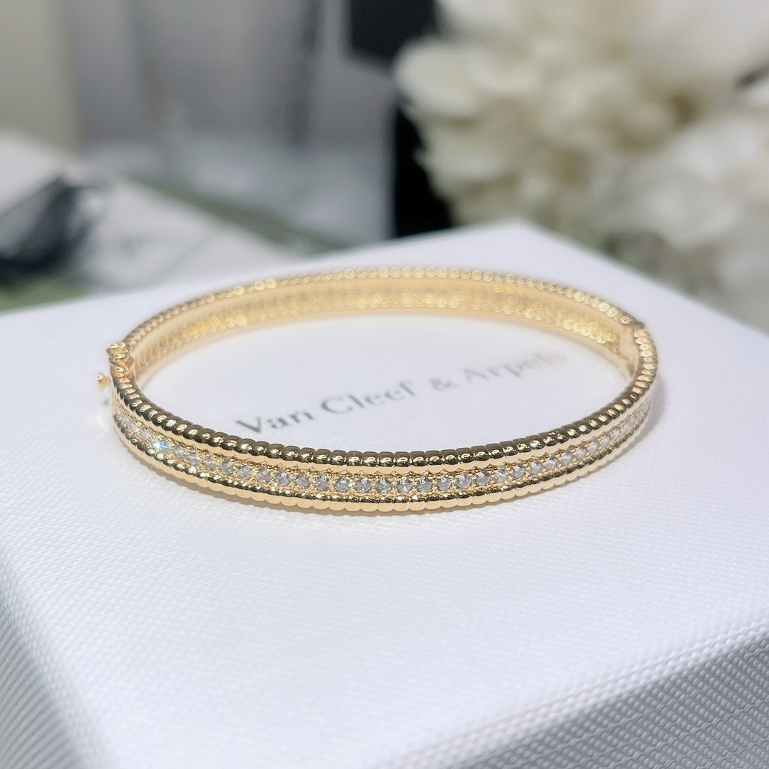 18K Van Cleef & Arpels Yellow Gold Perlee Diamonds One Row Bracelet
