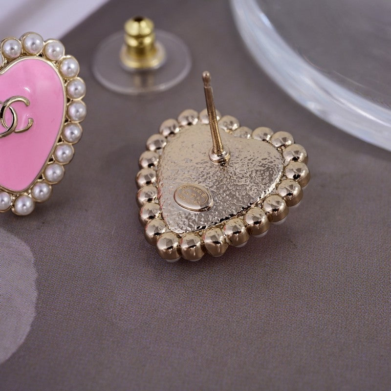 18K Chanel Pink Heart Pearl Earrings