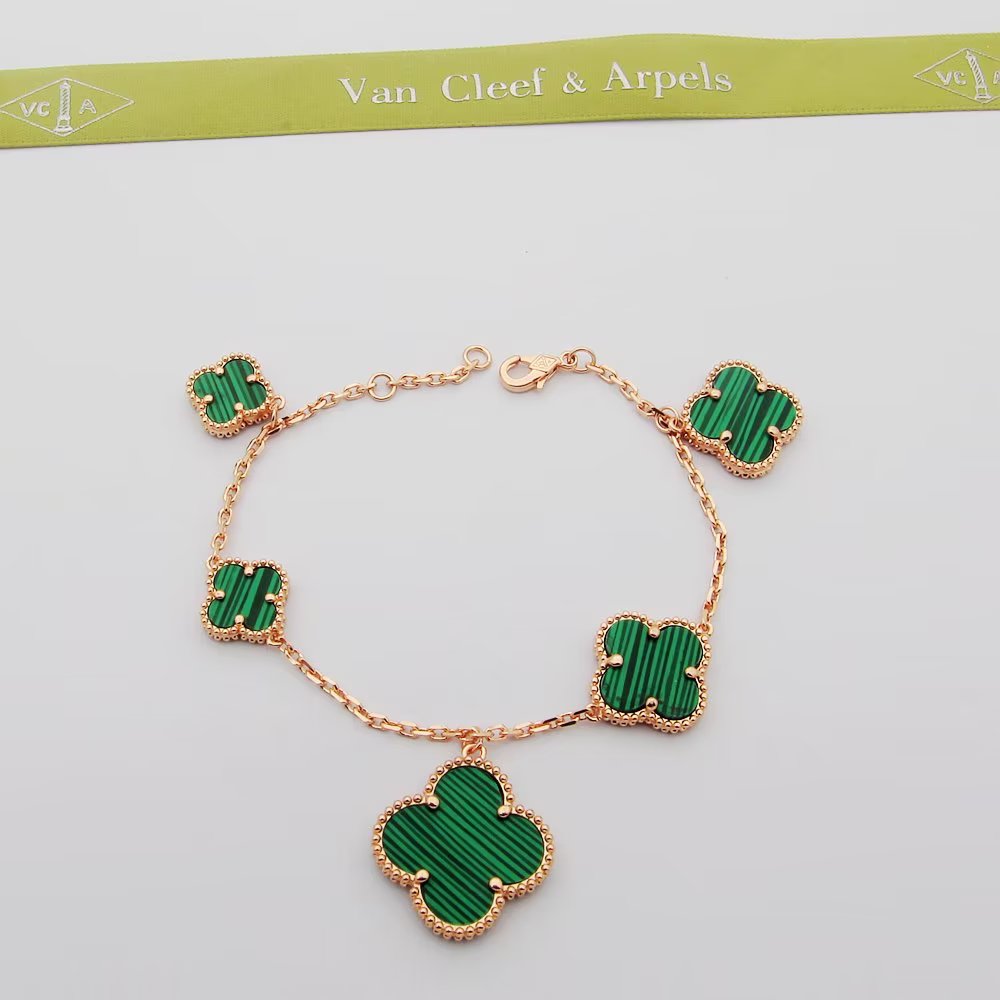 18K Van Cleef & Arpels Magic Alhambra Five Malachite Motifs Clover Bracelet