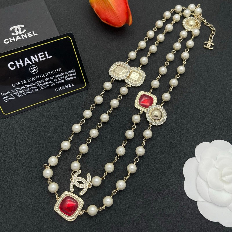 18K Chanel Red Crystal Pearl Long Necklace