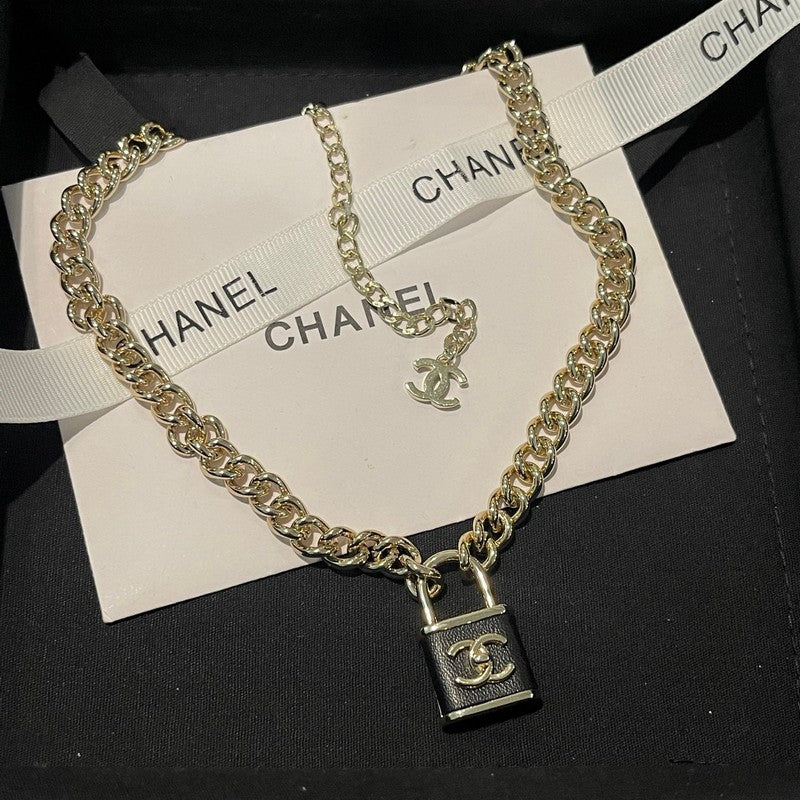 18K Chanel Black Leather Gold Lock Necklace