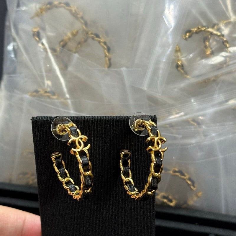 18K Chanel Black Leather Gold Earrings