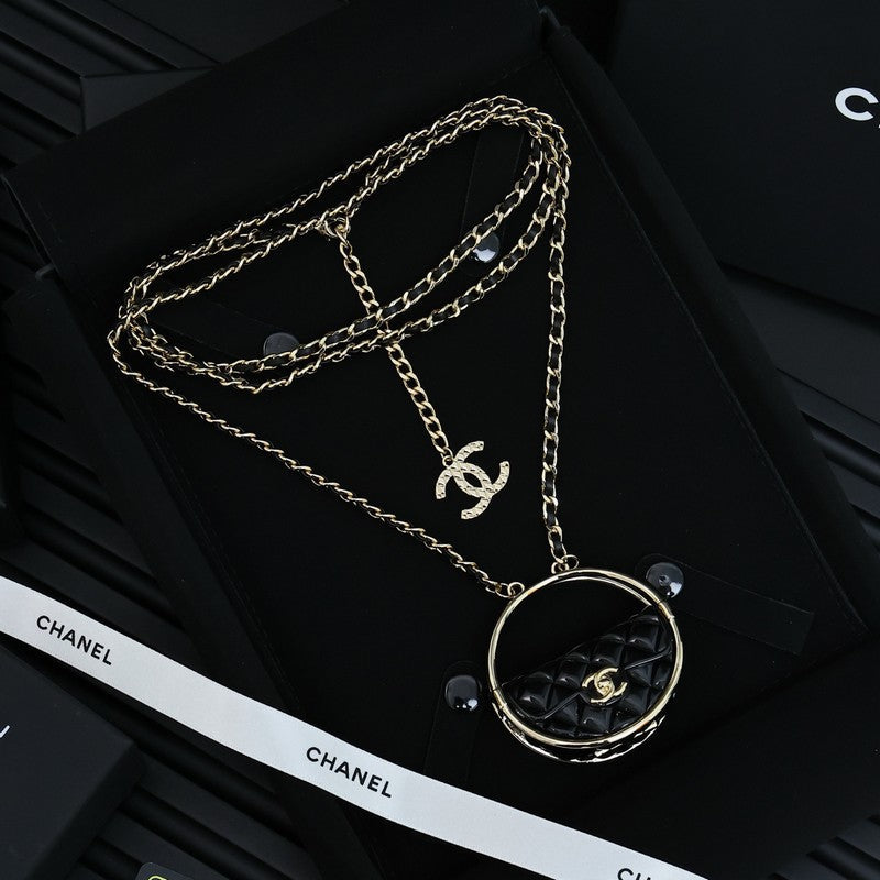 18K Chanel Black Bag Long Leather Necklace