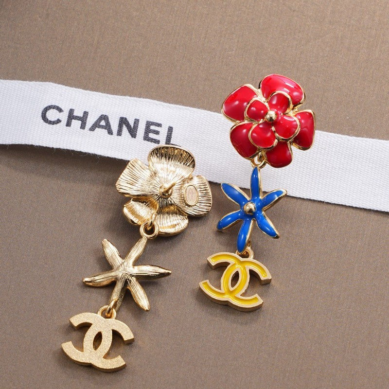 18K Chanel Blue & Red Flower Gold Earrings