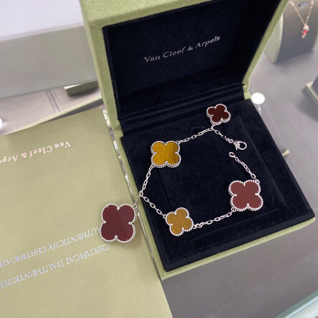 18K Van Cleef & Arpels Lucky Carnelian and Tigers Eye Alhambra Bracelet
