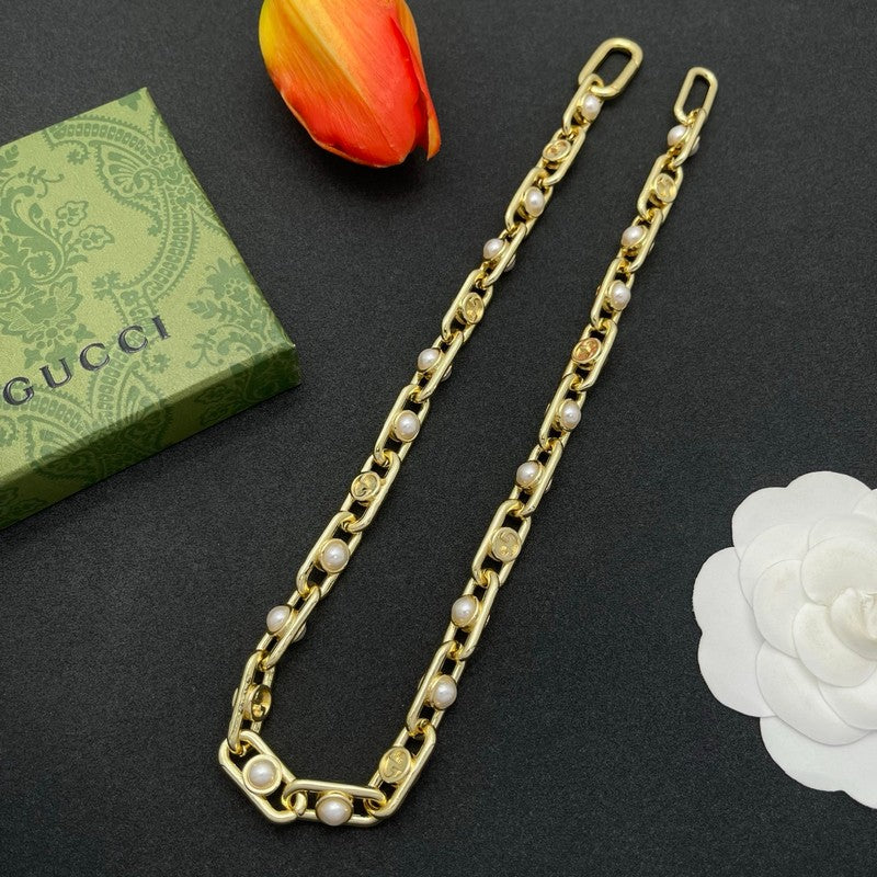 18K Gucci Gold Pearl Chain Necklace