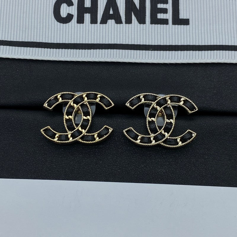 18K Chanel Black Leather Gold Earrings