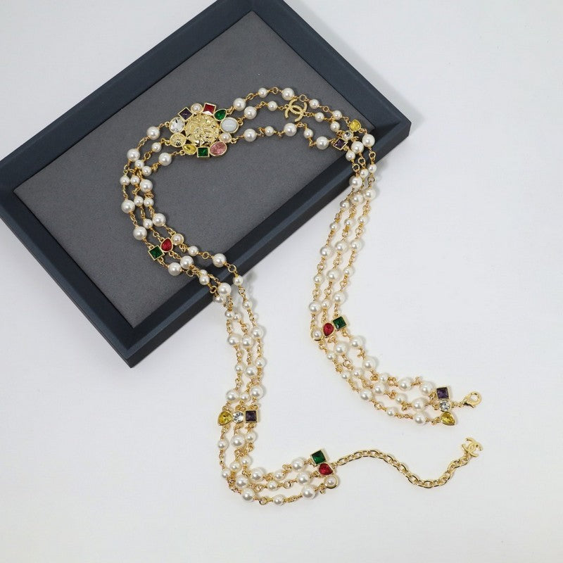 18K Chanel Color Crystal Long Pearl Necklace