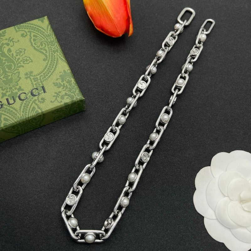 18K Gucci Gold Pearl Chain Necklace