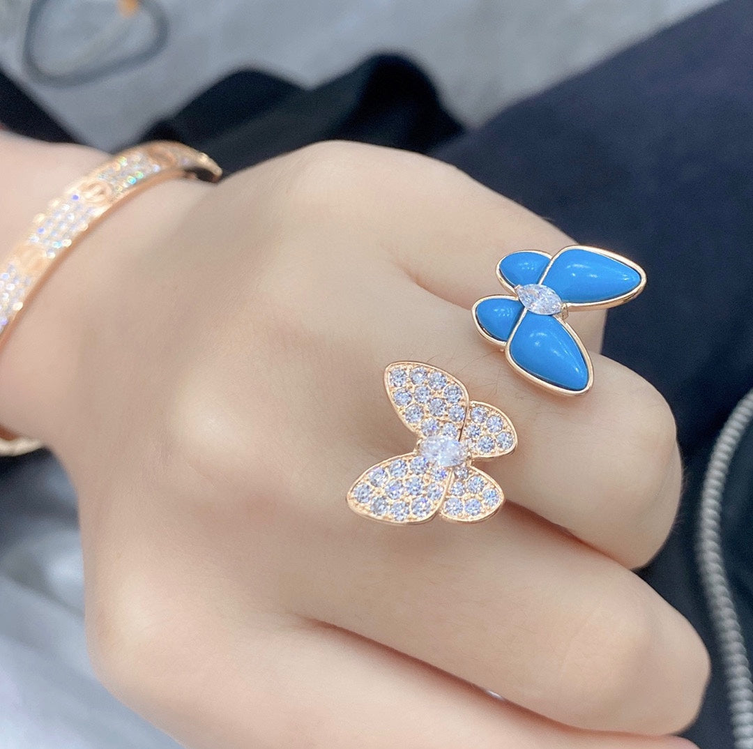 18K Van Cleef & Arpels Two Butterfly Between the Finger Turquoise Ring