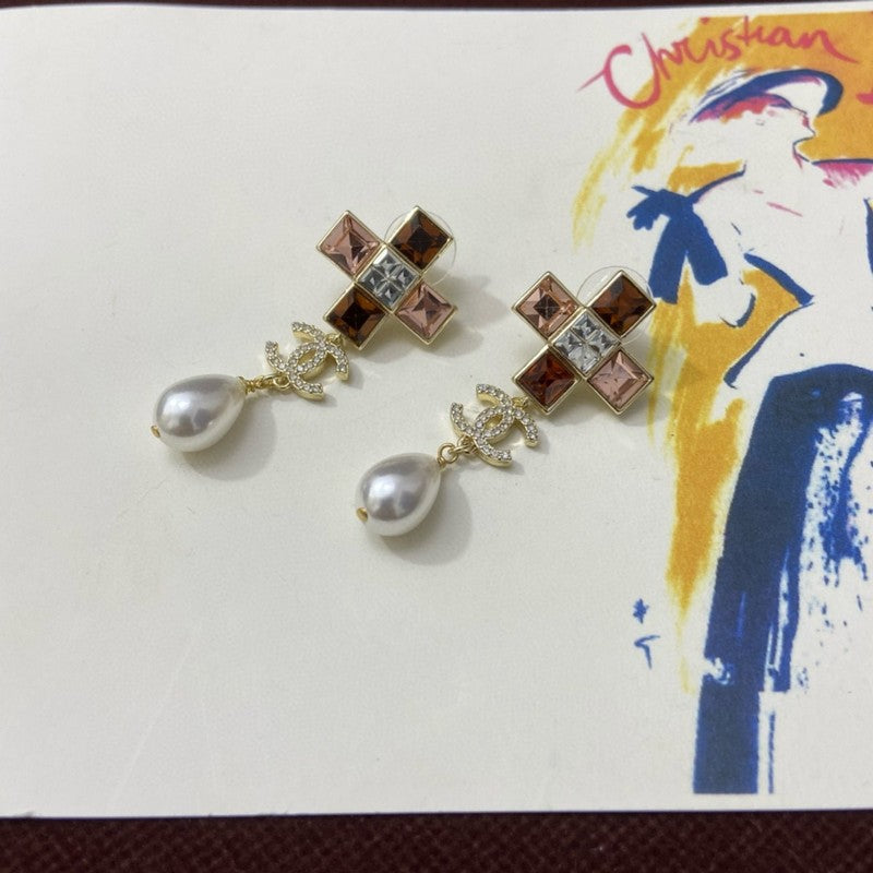 18K Chanel Red Cross Pearl Pendant Earrings