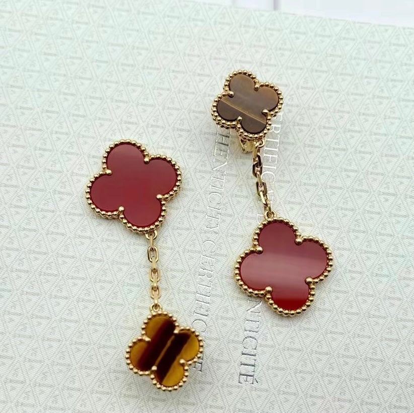 18K Van Cleef & Arpels Magic Alhambra Carnelian & Tiger Eye Earrings
