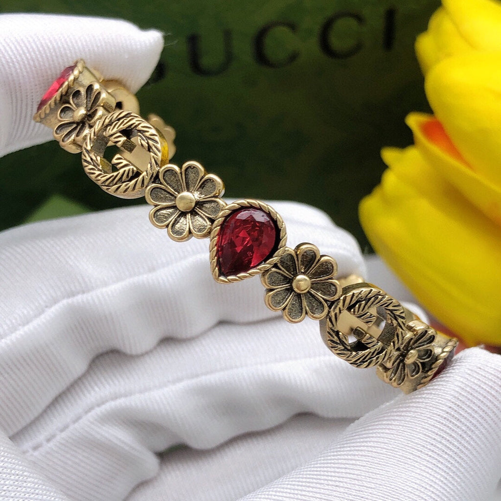 18K Gucci Flowers Red Crystals Open Cuff Bracelet