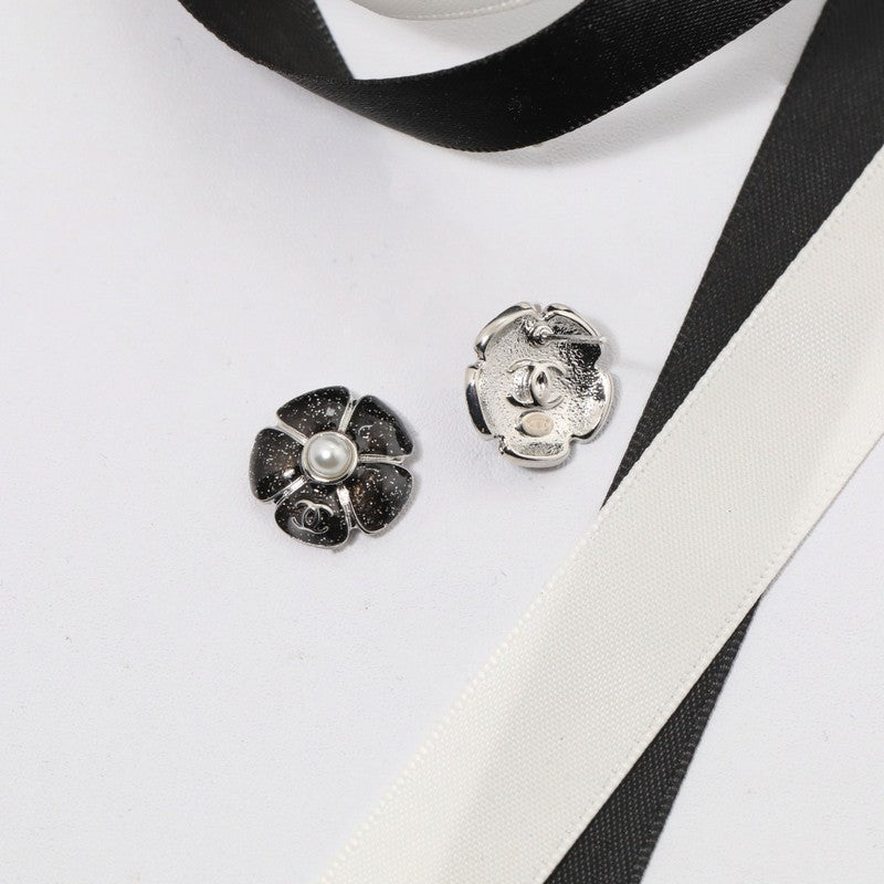 18K Chanel Black & Pink Camellia Earrings