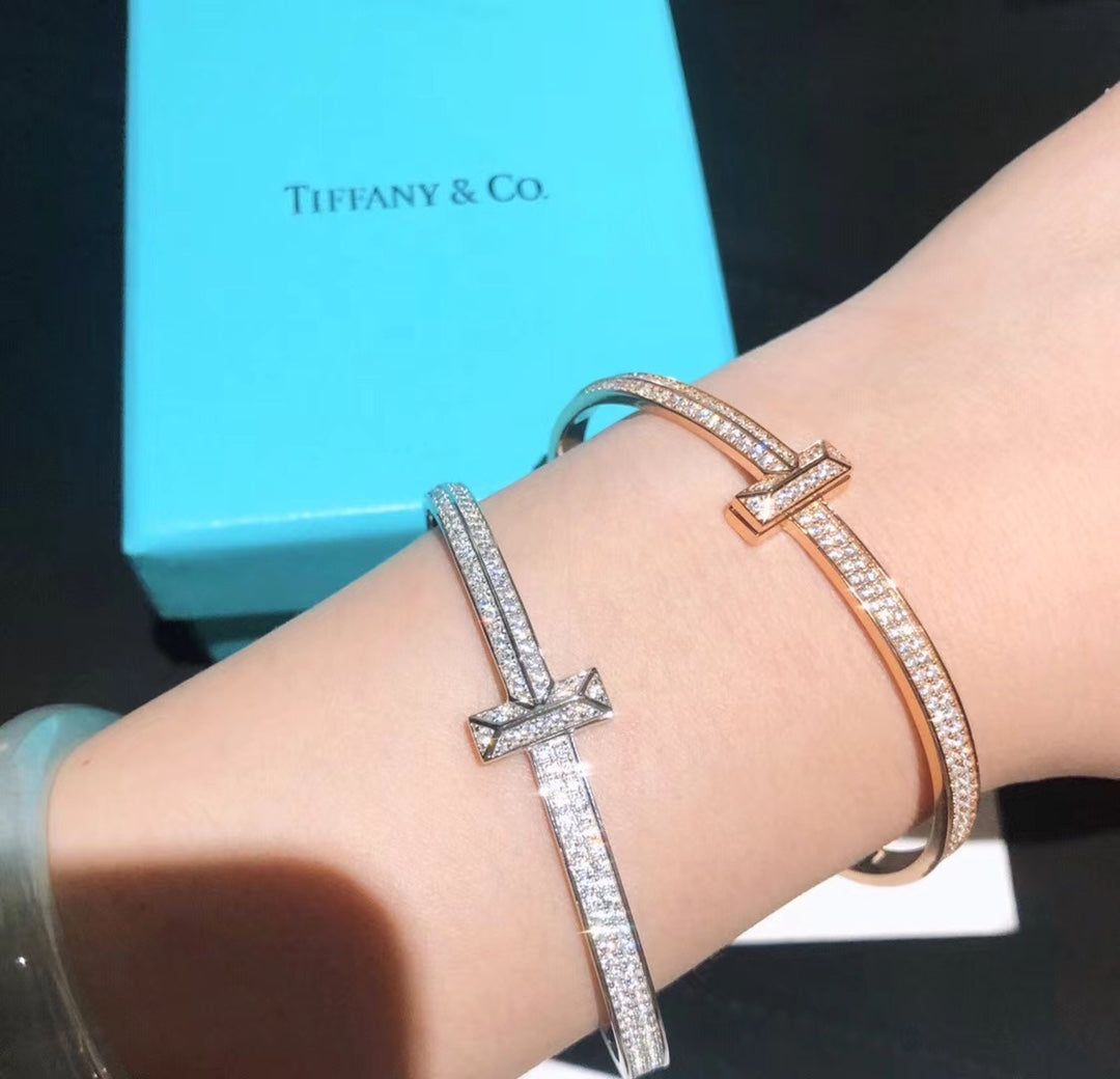 18K Tiffany Wide Diamond Hinged Bangle Bracelet