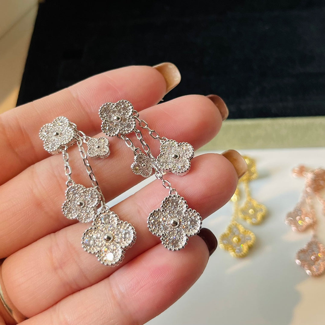 18K Van Cleef & Arpels Magic Alhambra Four Diamonds Motifs Clover Earrings